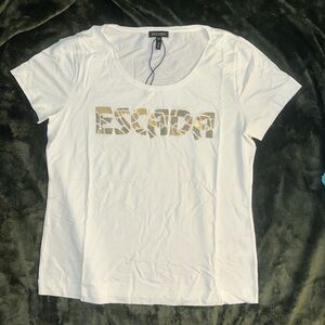 NWT ESCADA White T-Shirt Gold Sequin Logo Size M